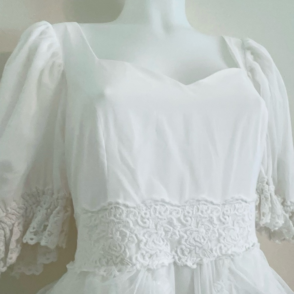 JessaKae White Tiered Lace Puff Sleeve Wedding Dress - Picture 12 of 13